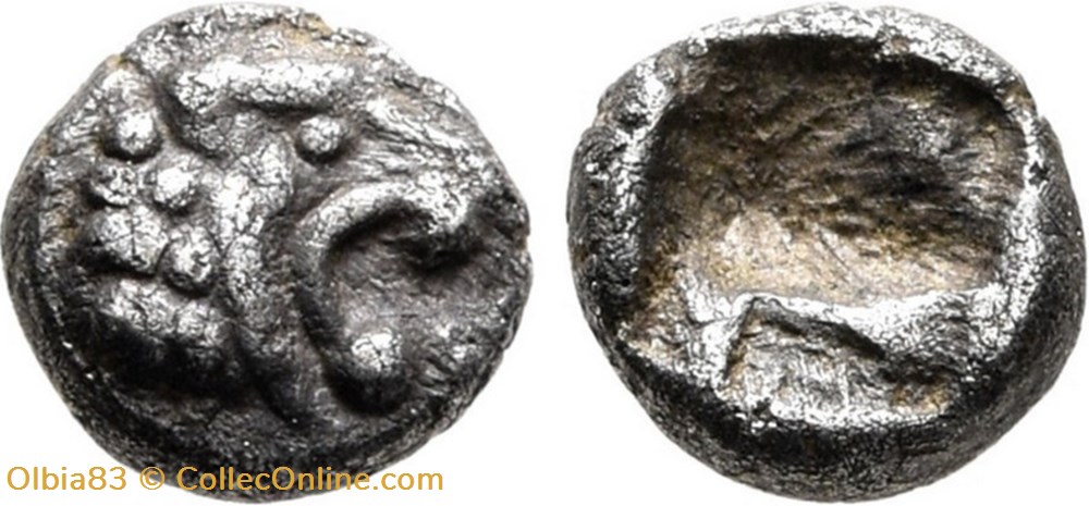 M Royaume de Lydie / Quarante Huitieme de statère / Tête de Lion rugissant. monnaies antiques grecques m royaume de lydie quarante huitieme de statere tete de lion rugissant