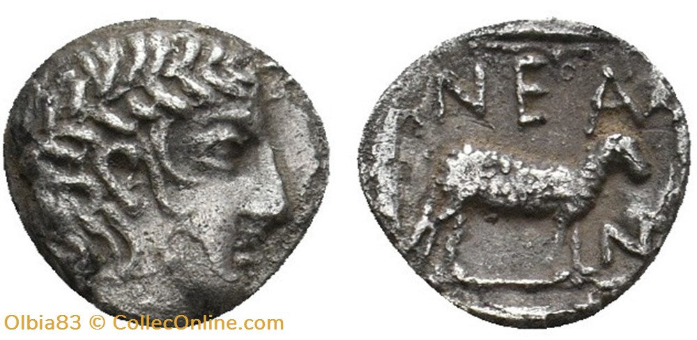 *Néandria / Obole / Tête laurée d’Apollon - Bélier à droite + N-E-A-N monnaies antiques grecques neandria obole tete lauree d apollon belier a droite n e a n