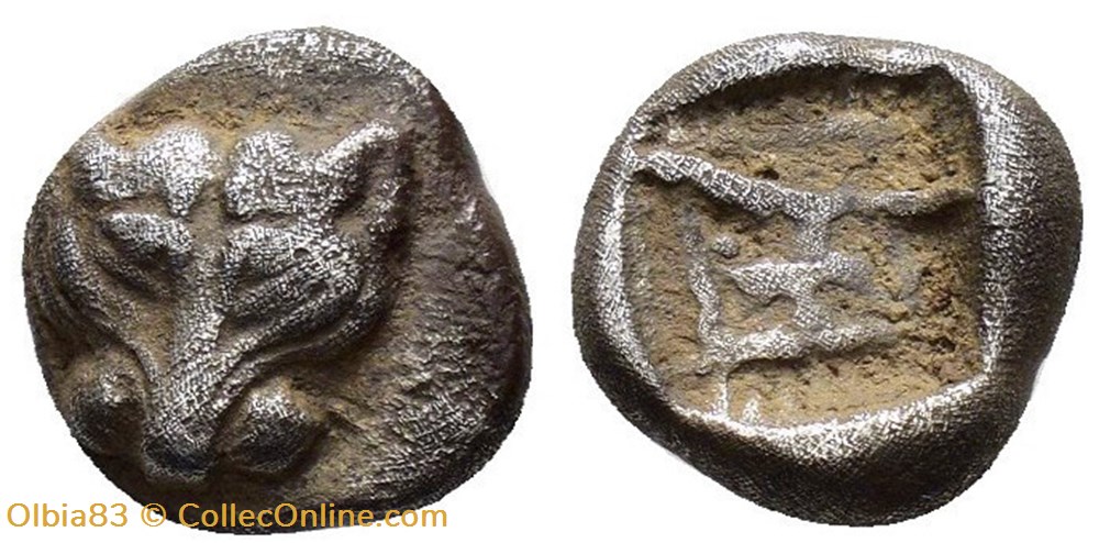 M-Milet / 1/16eme statère / Tête de Lion - Motif Stéllaire dans carré creux monnaies antiques grecques m milet 1 16eme statere tete de lion motif stellaire dans carre creux