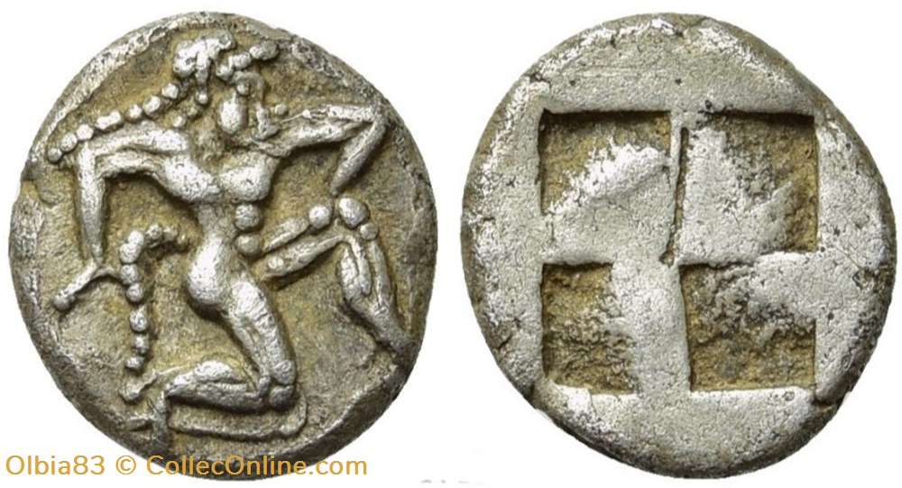 Thasos / 1/10 eme de statère ou Trihemiobole / Satyre - Carré creux. monnaies antiques grecques thasos 1 10 eme de statere ou trihemiobole satyre carre creux