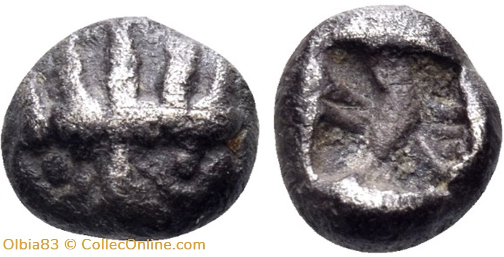 *Asie Mineure-Incertaine-Obole-Face à tête de lion, coiffé d'une couronne radiée / Carré creux. monnaies antiques grecques asie mineure incertaine obole face a tete de lion coiffe une couronne radiee carre creux
