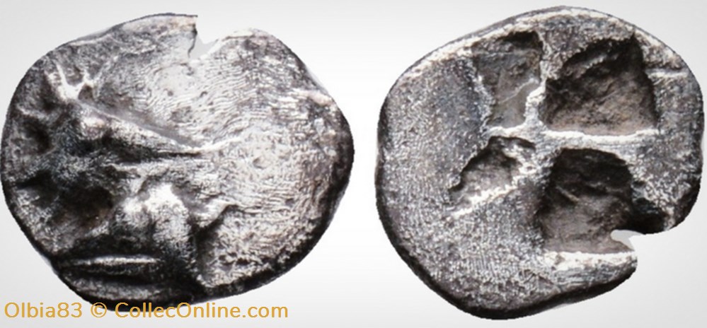Cyzique / Hémiobole / 2Têtes de Thon (tête beche) - Carré creux monnaies antiques grecques cyzique hemiobole 2tetes de thon tete beche carre creux