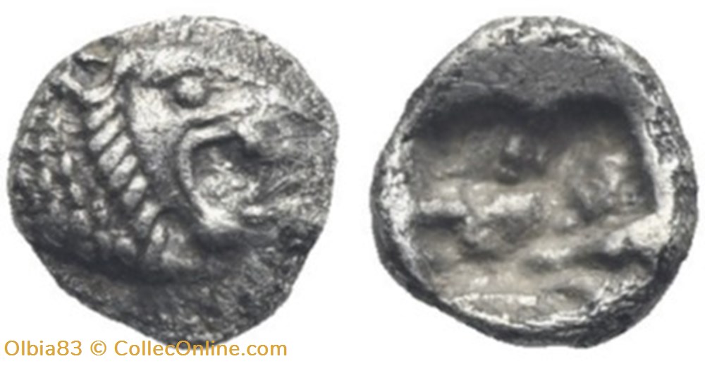 Royaume de Lydie / Quarante huitième de statère / Tête de Lion rugissant - Carré creux. monnaies antiques grecques royaume de lydie quarante huitieme de statere tete de lion rugissant carre creux