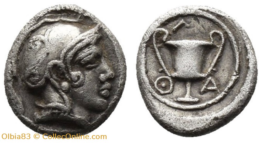 Ile de Lesbos / Obole / Tête d'Athéna casquée à droite - Canthare M-A-Θ. monnaies antiques grecques ile de lesbos obole tete athena casquee a droite canthare m a