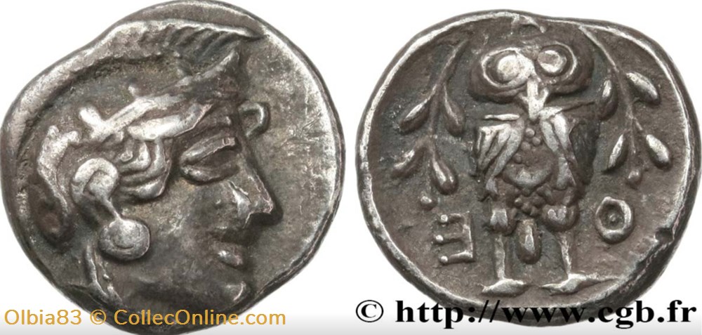Athènes / Hémidrachme / Tête d'Athéna à droite - Chouette debout de face. monnaies antiques grecques athenes hemidrachme tete athena a droite chouette debout de face