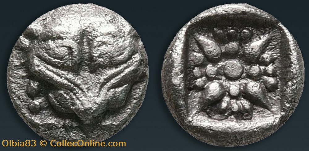 M Milet / 1/32 eme de statère / Tête de Lion - Motif Stéllaire dans carré creux monnaies antiques grecques m milet 1 32 eme de statere tete de lion motif stellaire dans carre creux