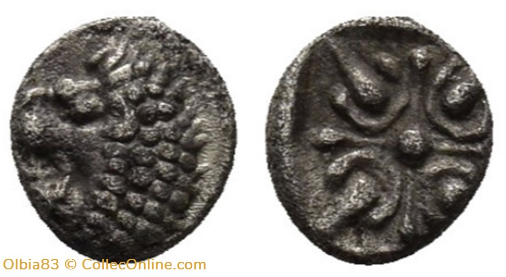 *Carie / Quarante huitième de statère / Protomé de lion à gauche - Étoile à quatre rais. monnaies antiques grecques carie quarante huitieme de statere protome de lion a gauche etoile a quatre rais