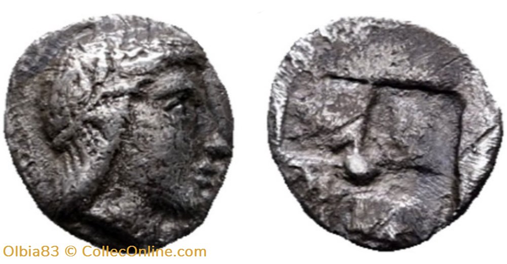Colophon / Tetartémorion / Tête d'Apollon à Droite - Carré creux. monnaies antiques grecques colophon tetartemorion tete apollon a droite carre creux