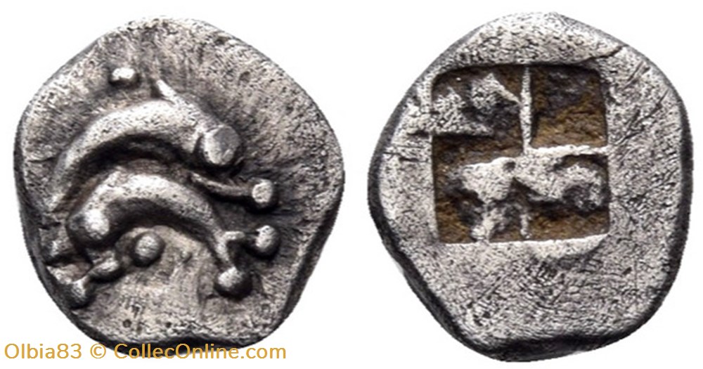 M Thasos / Obole / Deux dauphins superposés- Carré creux monnaies antiques grecques m thasos obole deux dauphins superposes carre creux