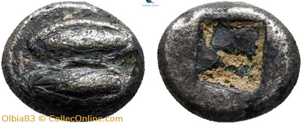 Ile de Lesbos / 1/36 eme de statère / Deux yeux (ou deux graines) - Carré creux. monnaies antiques grecques ile de lesbos 1 36 eme de statere deux yeux ou deux graines carre creux