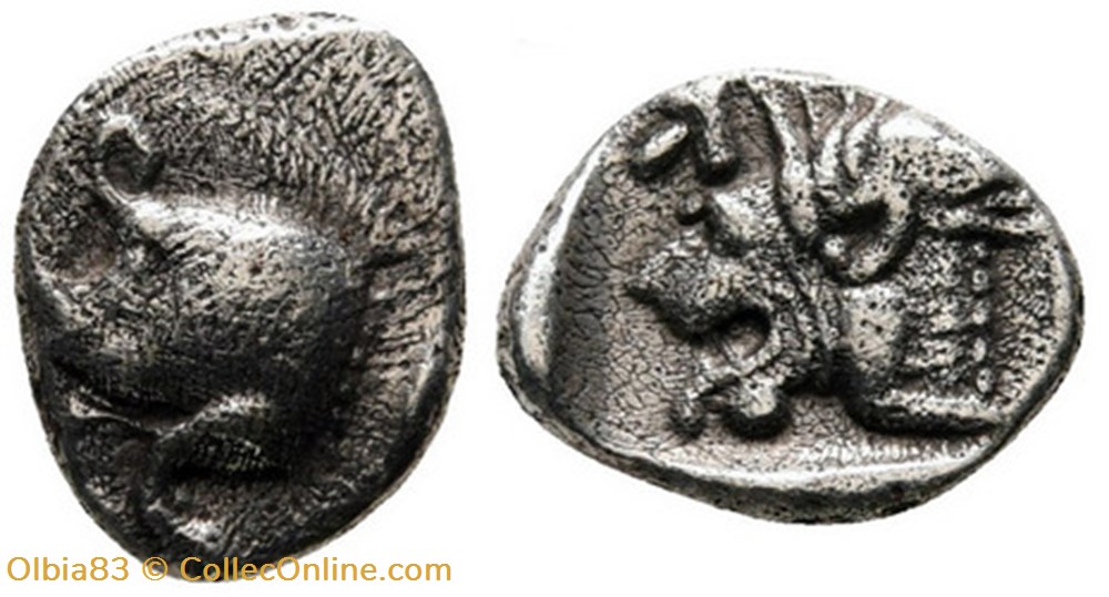 Cyzique / Obole / Protomé de sanglier à gauche - Tête de lion à gauche. monnaies antiques grecques cyzique obole protome de sanglier a gauche tete de lion a gauche