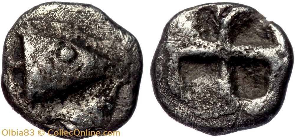 Cyzique / Hémiobole / Tête de thon à droite - Carré creux monnaies antiques grecques cyzique hemiobole tete de thon a droite carre creux