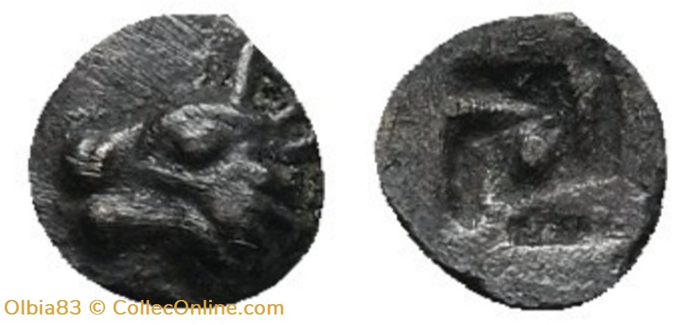 M-Asie Mineure-Incertaine-Tetartémorion- Tête de taureau - Carré creux avec pastille centrale monnaies antiques grecques m asie mineure incertaine tetartemorion tete de taureau carre creux avec pastille centrale