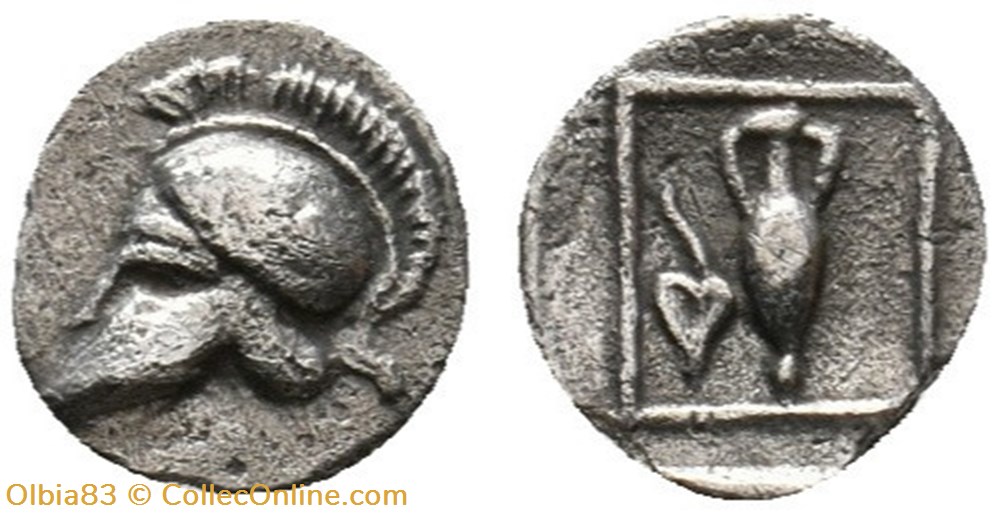 M Tetartemorion / Casque a cimiez à gauche - Amphore et feuille entourée d'un carré. monnaies antiques grecques m tetartemorion casque a cimiez a gauche amphore et feuille entouree un carre