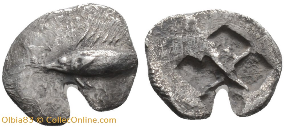 Cyzique / Obole / Thon nageant à gauche - Carré creux monnaies antiques grecques cyzique obole thon nageant a gauche carre creux