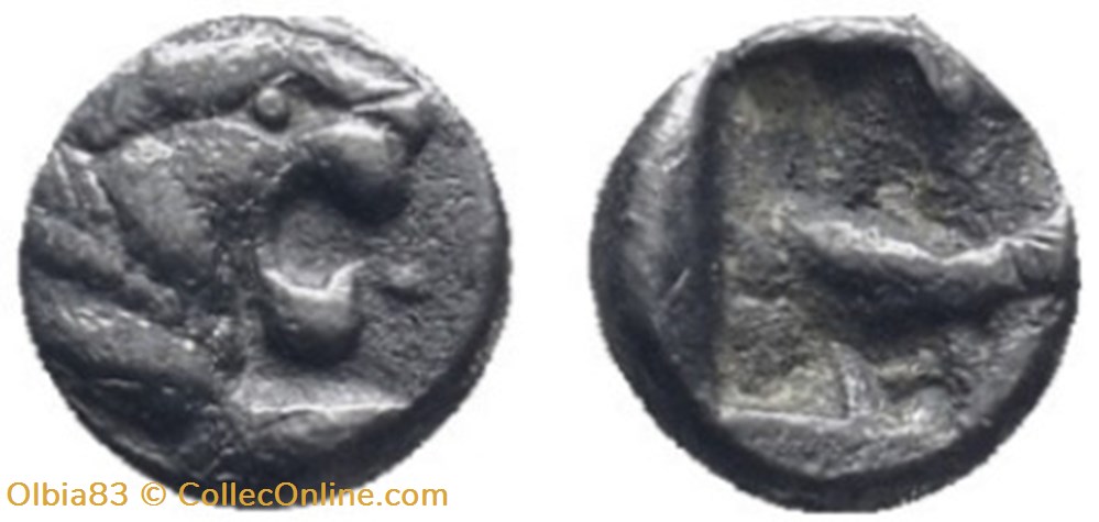 monnaies antiques grecques royaume de lydie diobole tete de lion rugissant carre creux