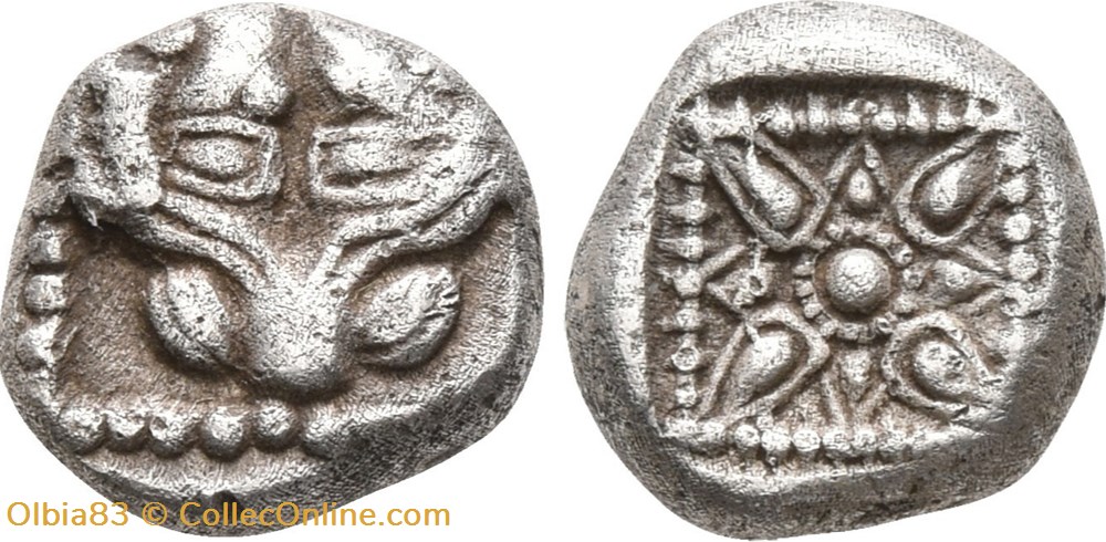 M Milet / 1/16 eme de statère / Tête de Lion - Motif Stéllaire dans carré creux monnaies antiques grecques m milet 1 16 eme de statere tete de lion motif stellaire dans carre creux