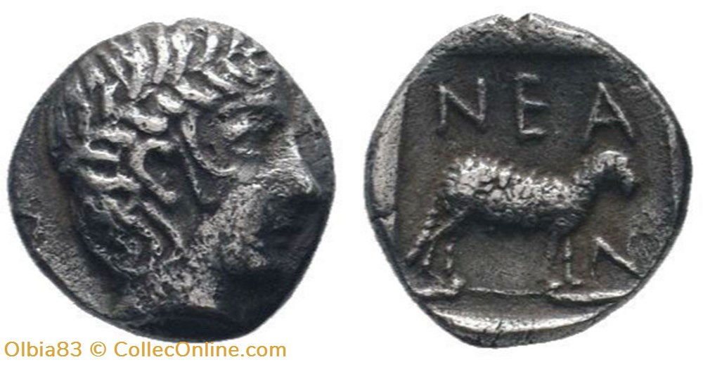 M-Neandria / Obole / Tête laurée d’Apollon - Belier à droite + N-E-A/N monnaies antiques grecques m neandria obole tete lauree d apollon belier a droite n e a n