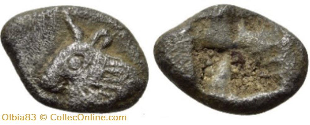 Asie Mineure / Incertaine / Hémiobole / Tête de taureau - Carré creux. monnaies antiques grecques asie mineure incertaine hemiobole tete de taureau carre creux