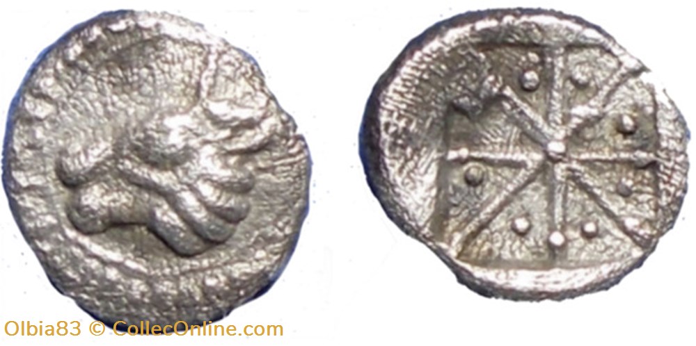 Asie Mineure / Incertaine / Hémiobole / Tête de taureau - Carré creux multi-divisé. monnaies antiques grecques asie mineure incertaine hemiobole tete de taureau carre creux multi divise