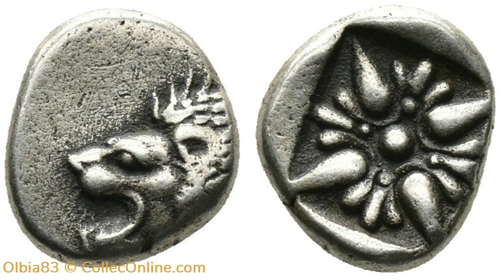 *Milet / Douzième de statère / Tête de lion à gauche - Étoile à quatre rais dans un carré creux. monnaies antiques grecques milet douzieme de statere tete de lion a gauche etoile a quatre rais dans un carre creux