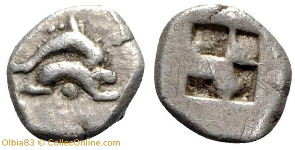 M-Thasos / Obole / Deux dauphins superposés - Carré creux monnaies antiques grecques m thasos obole deux dauphins superposes carre creux