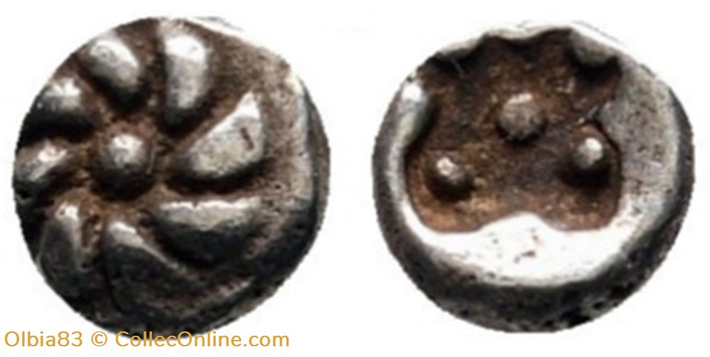 M-Erythrée / Hemitetartemorion / Rosette - Cruciforme en creux avec 5 Globules. monnaies antiques grecques m erythree hemitetartemorion rosette cruciforme en creux avec 5 globules