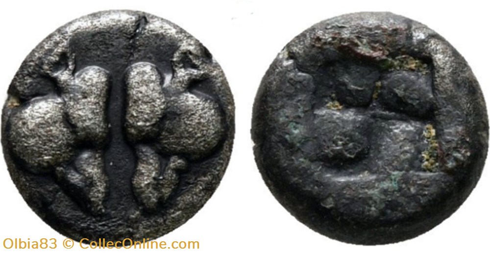 Ile de Lesbos / 1/24 eme de statère / Têtes de sangliers confrontées - Carré creux. monnaies antiques grecques ile de lesbos 1 24 eme de statere tetes de sangliers confrontees carre creux
