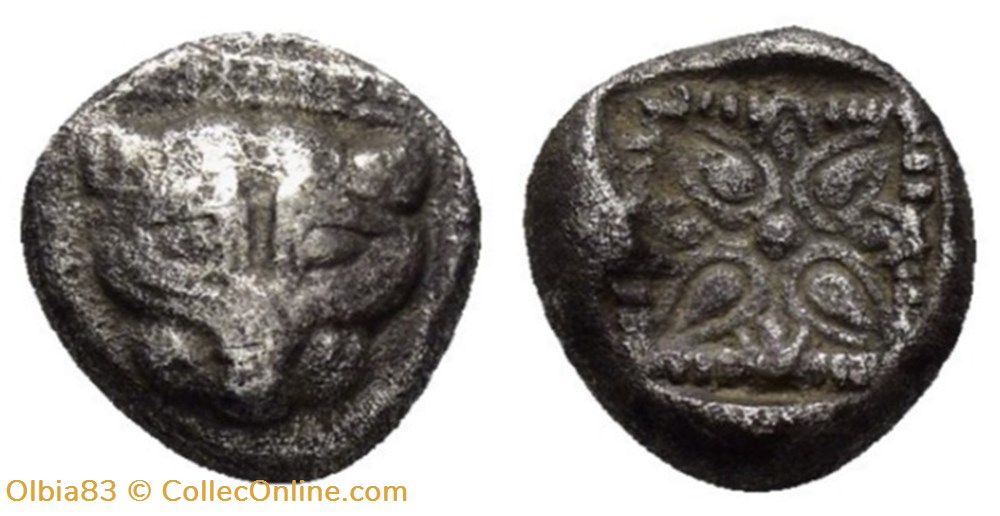 M Milet / 1/16eme de statère / Tête de Lion - Motif Stéllaire dans carré creux monnaies antiques grecques m milet 1 16eme de statere tete de lion motif stellaire dans carre creux