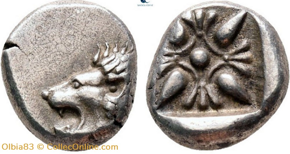 *Milet / Douzième de statère / Tête de lion à gauche - Étoile à quatre rais dans un carré creux. monnaies antiques grecques milet douzieme de statere tete de lion a gauche etoile a quatre rais dans un carre creux