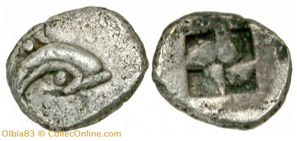 Thasos / Hémiobole / Dauphin à droite - Carré creux monnaies antiques grecques thasos hemiobole dauphin a droite carre creux