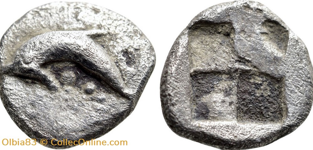 Thasos / Hémiobole / Dauphin à gauche - Carré creux monnaies antiques grecques thasos hemiobole dauphin a gauche carre creux
