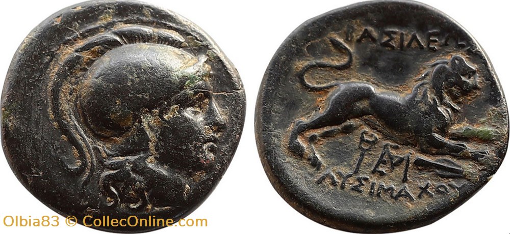 Lysimaque / Unité / Tête d'Athéna à droite - Lion bondissant à droite, fer de lance. monnaies antiques grecques lysimaque unite tete athena a droite lion bondissant a droite fer de lance