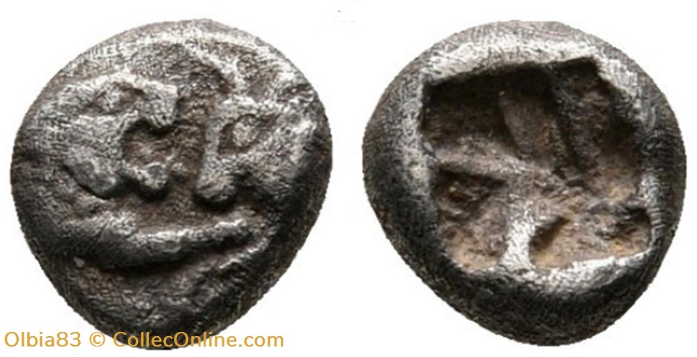 M-Royaume de Lydie / Vingt-quatrième de statère / Protomés de taureau et de lion affrontés. monnaies antiques grecques m royaume de lydie vingt quatrieme de statere protomes de taureau et de lion affrontes