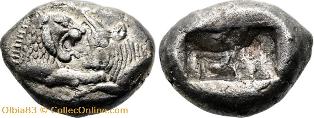 Royaume de Lydie / Tiers de Statère Trite / Protomés de taureau et de lion affrontés. monnaies antiques grecques royaume de lydie tiers de statere trite protomes de taureau et de lion affrontes