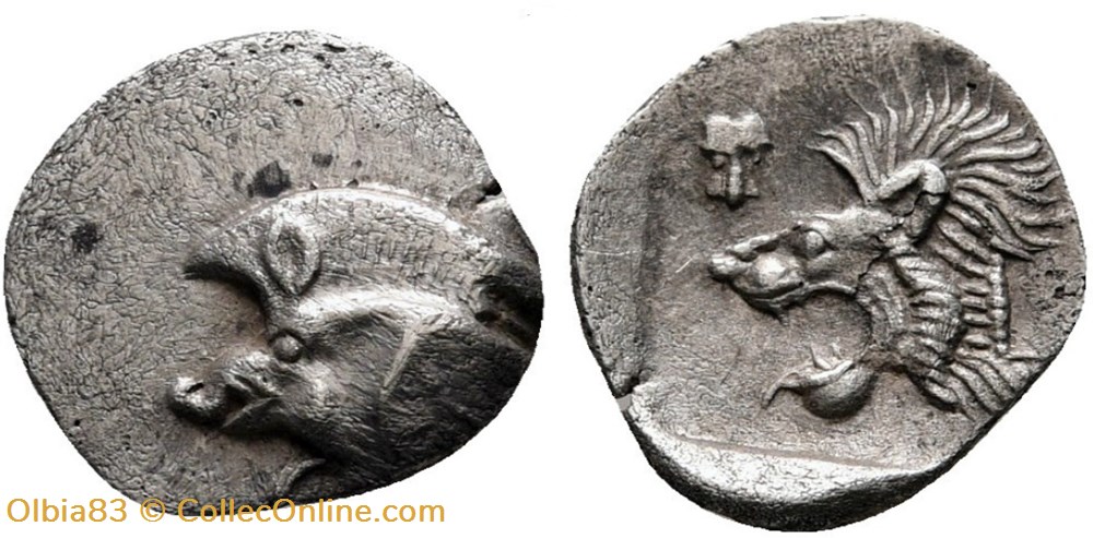 Cyzique / Hémiobole / Protomé de sanglier à gauche - Tête de lion à gauche. monnaies antiques grecques cyzique hemiobole protome de sanglier a gauche tete de lion a gauche