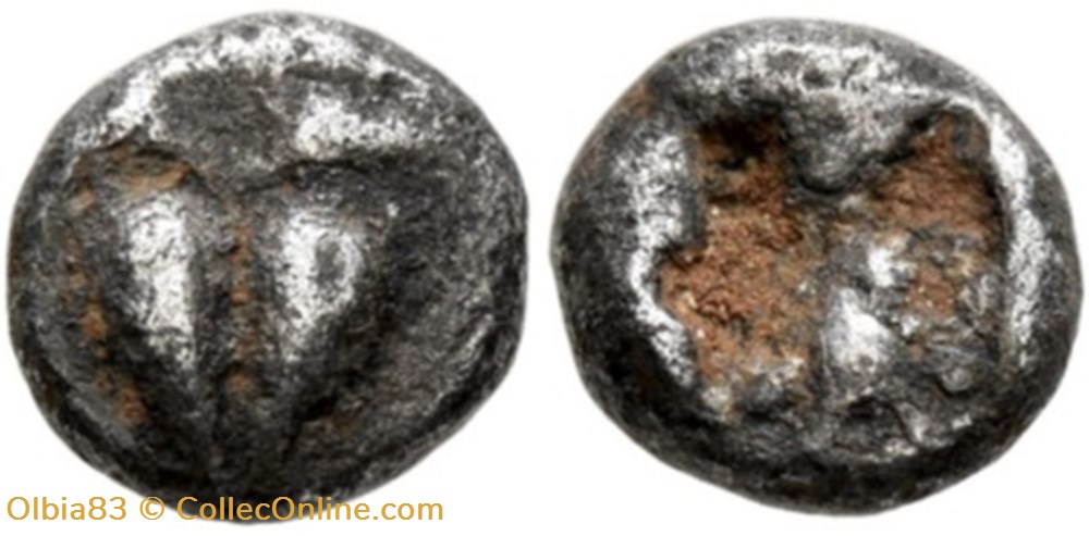 Cyrène / Obole / Fruit de Silphium - Carré creux. monnaies antiques grecques cyrene obole fruit de silphium carre creux