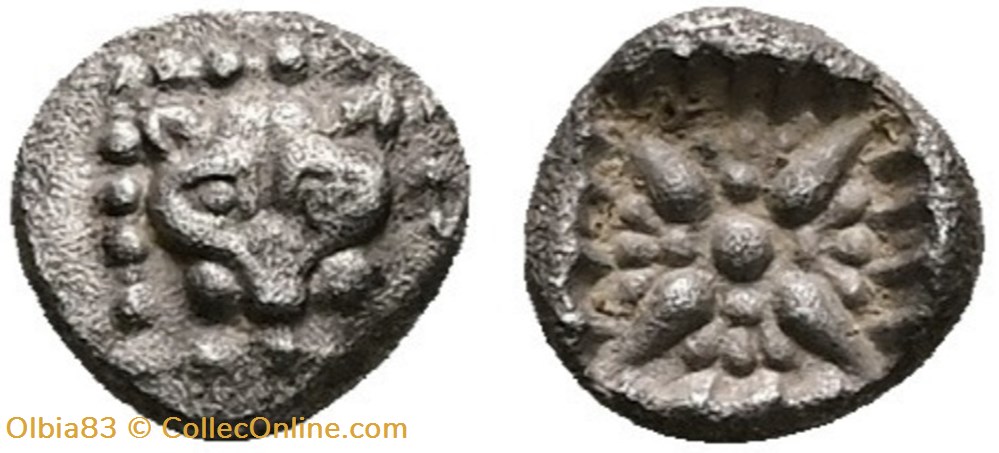 Milet / 1/32 eme de statère / Tête de Lion - Motif Stéllaire dans carré creux monnaies antiques grecques milet 1 32 eme de statere tete de lion motif stellaire dans carre creux
