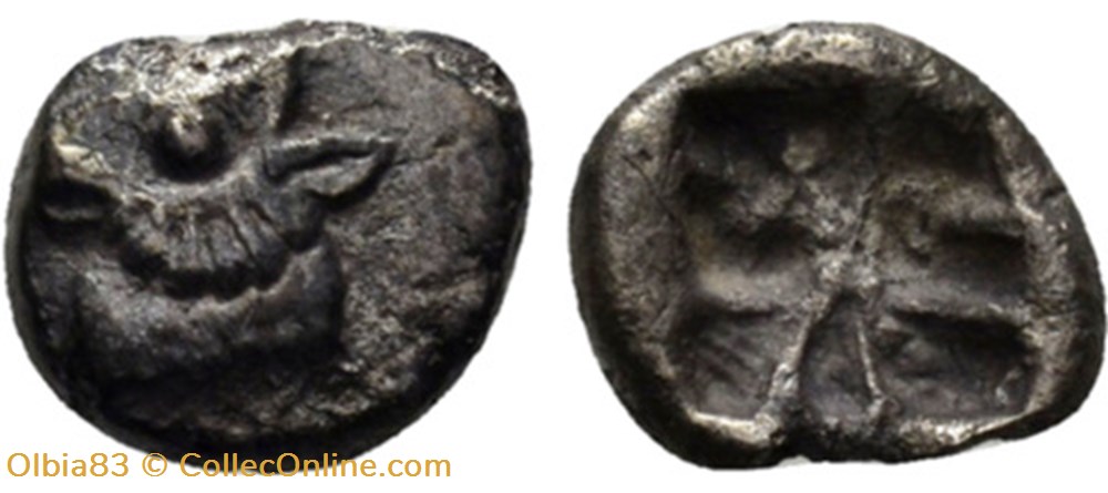 Asie Mineure / Incertaine / Obobe / Tête de taureau - Carré creux multi-divisé. monnaies antiques grecques asie mineure incertaine obobe tete de taureau carre creux multi divise