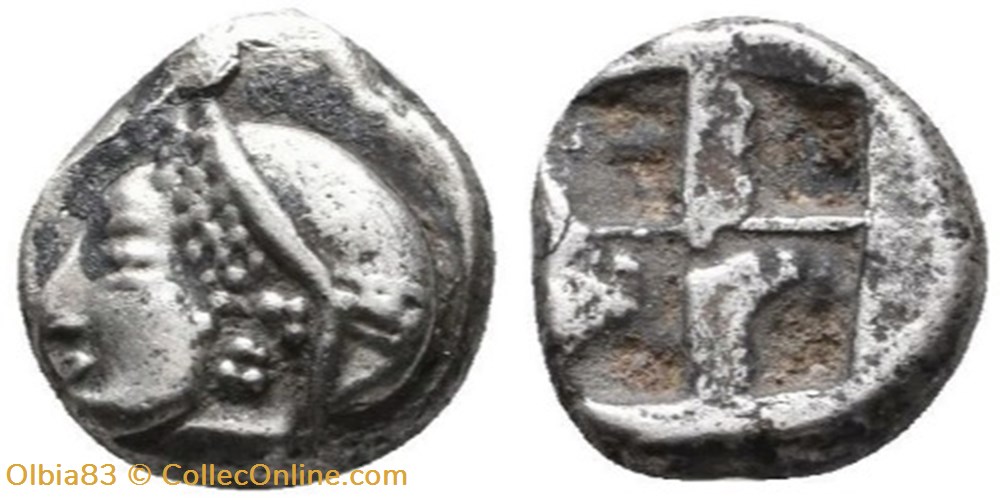 *Phocée / Diobole / Tête de femme portant un sakkos à gauche / Carré creux monnaies antiques grecques phocee diobole tete de femme portant un sakkos a gauche carre creux