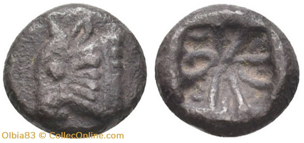 Asie Mineure / Incertaine / Tétrobole / Tête de taureau - Carré creux multi-divisé. monnaies antiques grecques asie mineure incertaine tetrobole tete de taureau carre creux multi divise
