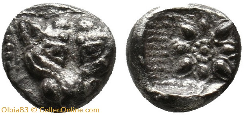 Milet / 1/16eme de statère / Tête de Lion - Motif Stéllaire dans carré creux monnaies antiques grecques milet 1 16eme de statere tete de lion motif stellaire dans carre creux