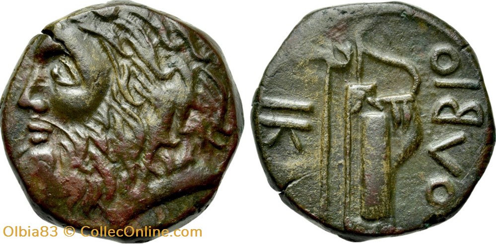 Sarmatie / Olbia / Unité / Tête barbue - Hache et arc dans son goryte. monnaies antiques grecques sarmatie olbia unite tete barbue hache et arc dans son goryte