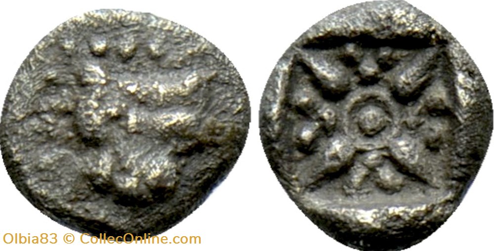 Milet / 1/64 eme de statère / Tête de Lion - Motif Stéllaire dans carré creux monnaies antiques grecques milet 1 64 eme de statere tete de lion motif stellaire dans carre creux