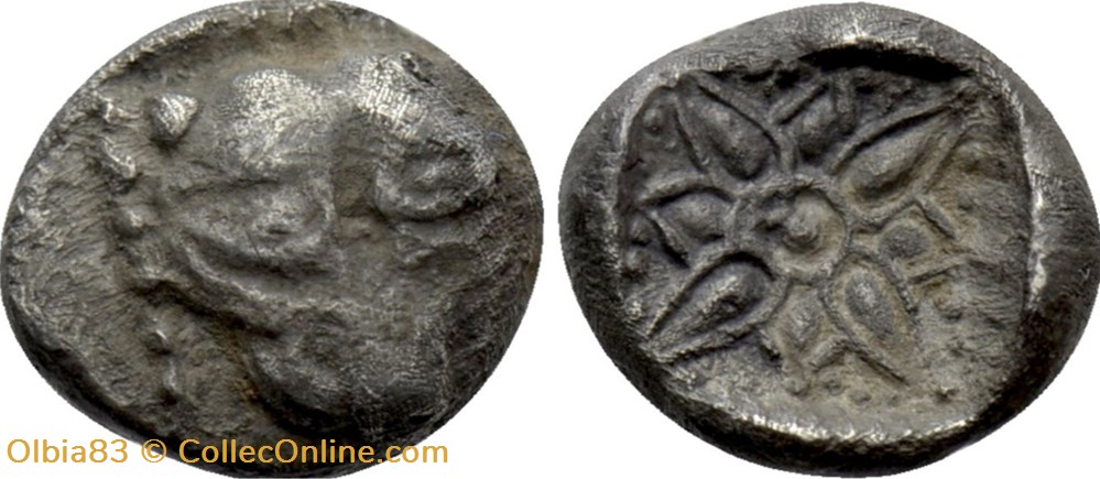 M Milet / Obole - 1/16 eme de statère / Tête de Lion - Motif Stéllaire dans carré creux monnaies antiques grecques m milet obole 1 16 eme de statere tete de lion motif stellaire dans carre creux
