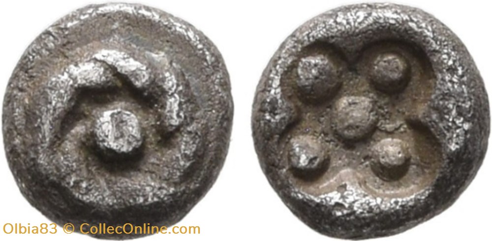 M Erythrée / Hemitetartemorion / Rosette - Cruciforme en creux avec 5 Globules. monnaies antiques grecques m erythree hemitetartemorion rosette cruciforme en creux avec 5 globules