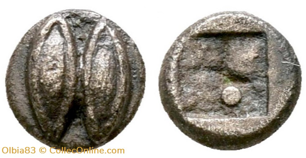 Ile de Lesbos / 1/48 eme de statère / Deux yeux (ou deux graines) - Carré creux. monnaies antiques grecques ile de lesbos 1 48 eme de statere deux yeux ou deux graines carre creux