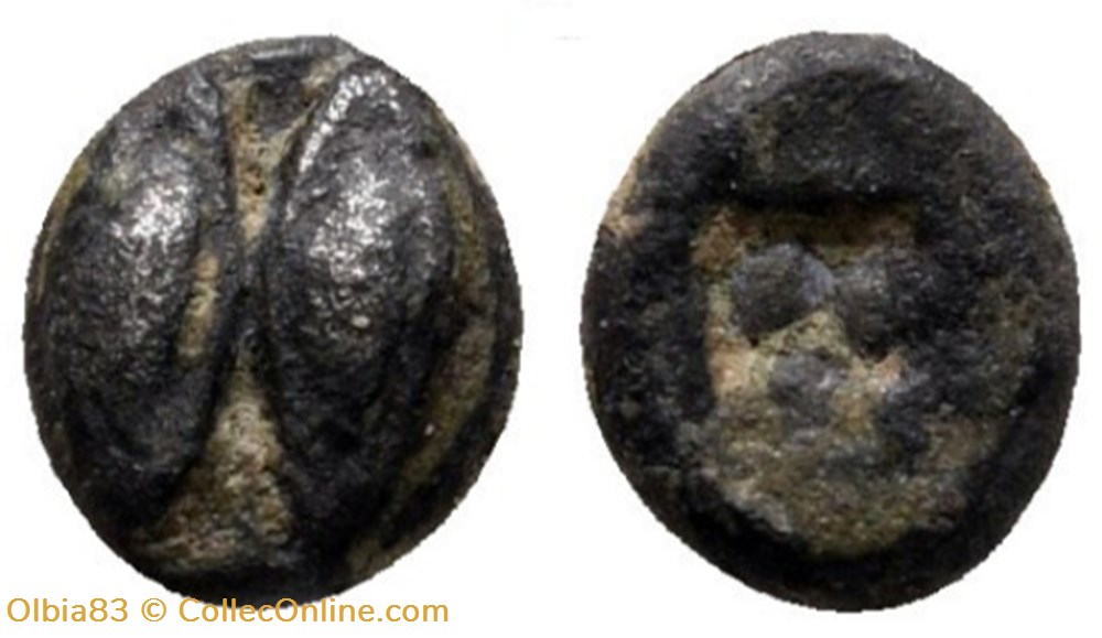 Ile de Lesbos / 1/36 eme de statère / Deux yeux (ou deux graines) - Carré creux. monnaies antiques grecques ile de lesbos 1 36 eme de statere deux yeux ou deux graines carre creux