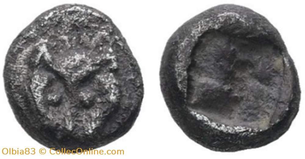 Asie Mineure / Tetartemorion / Tête de panthère - Carré creux. monnaies antiques grecques asie mineure tetartemorion tete de panthere carre creux
