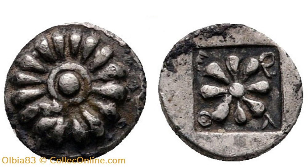 M Erythrée-Hémiobole-Rosace/Bouclier - Rosace dans un carré creux. monnaies antiques grecques m erythree hemiobole rosace bouclier rosace dans un carre creux